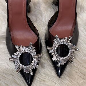 Amina Muaddi Black Heels with Crystal Embellishments